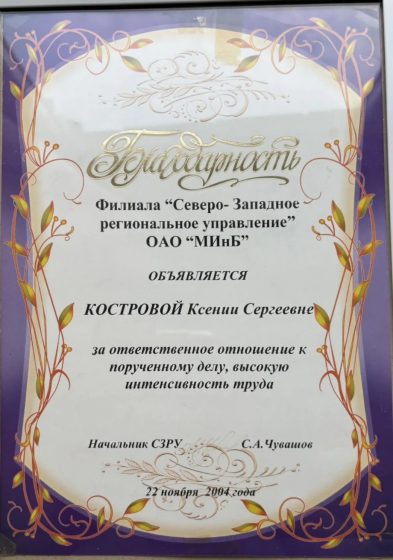 Gratitude of the Moscow Industrial Bank